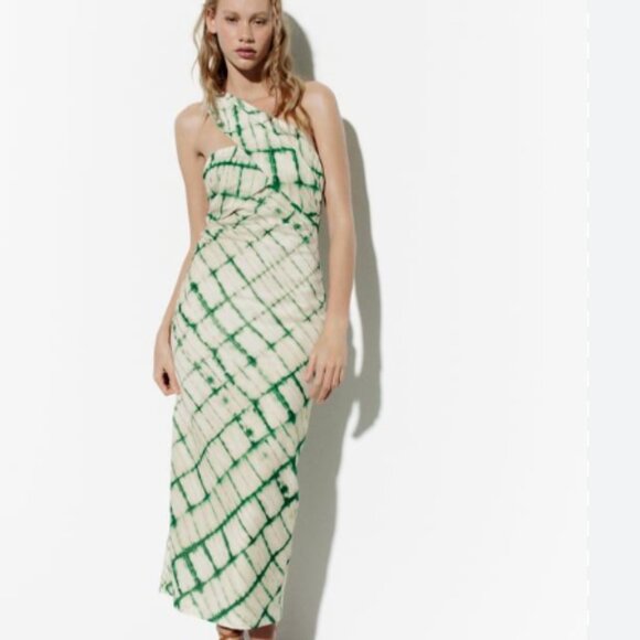 Zara Dress Women's ECRU Green Block Printed One Shoulder Midi Dress Size XS New - Picture 1 of 10